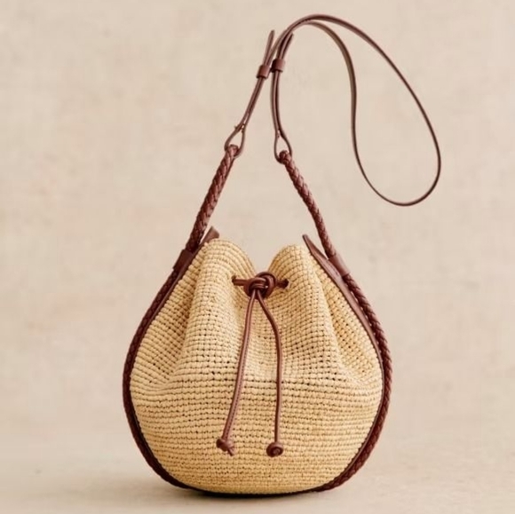 Sezane Handbags - SEZANE  Woven Crochet Raffia & Leather Drawstring Crossbody Zelie Bucket Bag